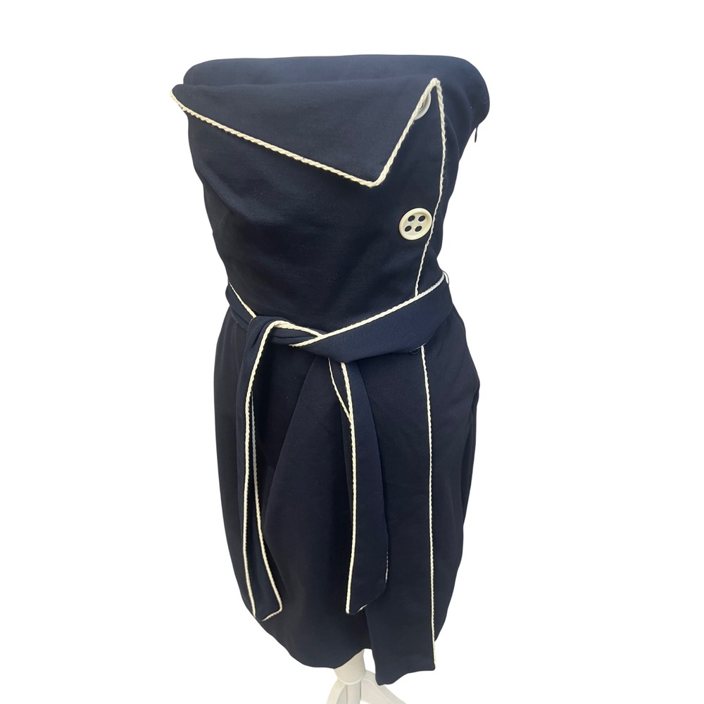 Eva Franco Strapless Dress Navy Blue Cream Trim Sz 8 Nautical Preppy Cocktail